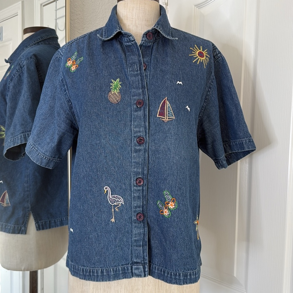 Vintage sailboat embroidered denim button down